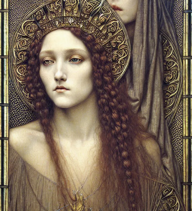 Image similar to detailed realistic beautiful young medieval queen face portrait by jean delville, gustave dore and marco mazzoni, art nouveau, symbolist, visionary, gothic, pre - raphaelite. horizontal symmetry