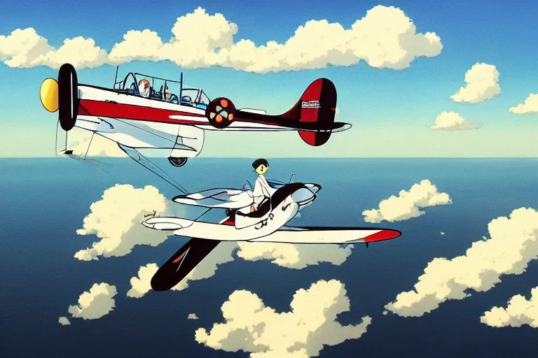 Image similar to tuxedo cat in a pilot cap flying a biplane over a tropical archipelago, morning sunrise, clouds, beautiful, summer, calm, studio ghibli, art by hayao miyazaki, makoto shinkai