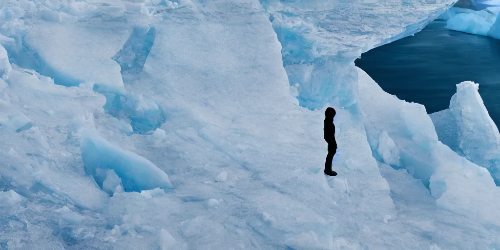 Image similar to a space traveler on a cliff is contemplating a fractured iceberg, full arctic sunny day, hdr photography