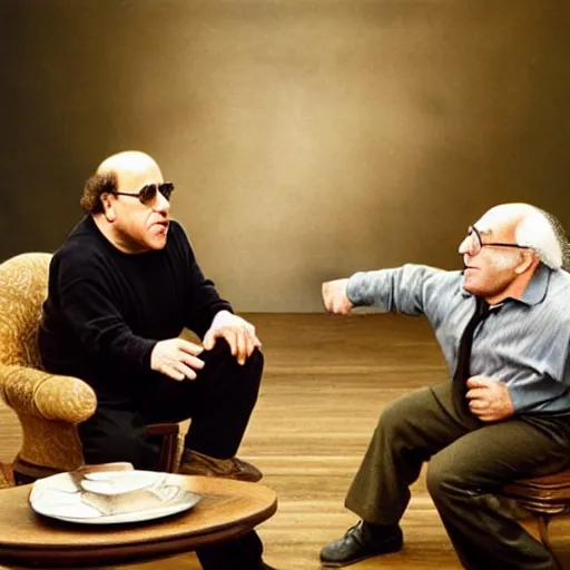 Prompt: danny devito and larry david fighting over a chair shaped like an egg, renaissance still life painting, masterpiece, realistic light and shadow