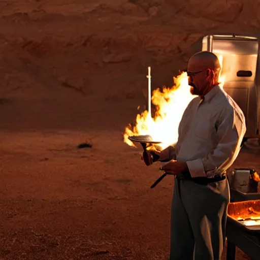 Prompt: Walter White grilling steaks in the desert, intense lighting, still from breaking bad