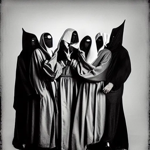 Image similar to a group of robed cultists standing around a metaphysical being, dark, gothic, monochrome, Hannah Barbara, maximalist