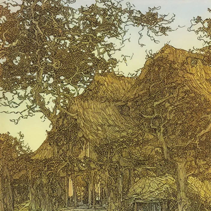 Image similar to a building in a landscape, by rebecca guay