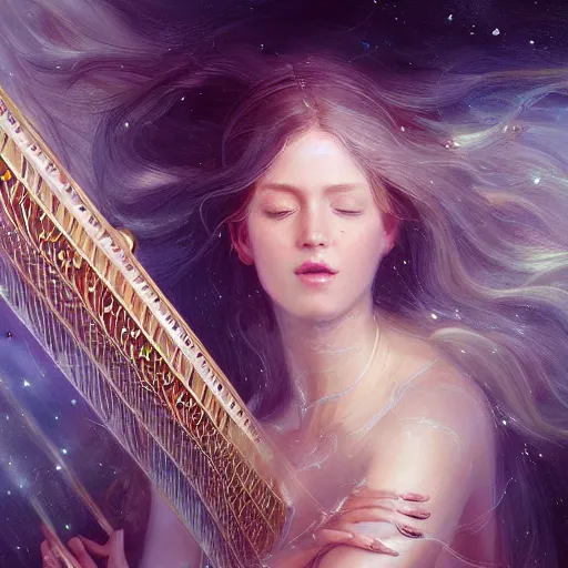 Prompt: a high quality realistic portrait of a very very beautiful! celestial interdimensional goddess playing a mystical harp and springing life into the universe, highly detailed, intricate, sharp focus, fantasy, mystical, dreamlike, cinematic lighting by WLOP and greg rutkowski