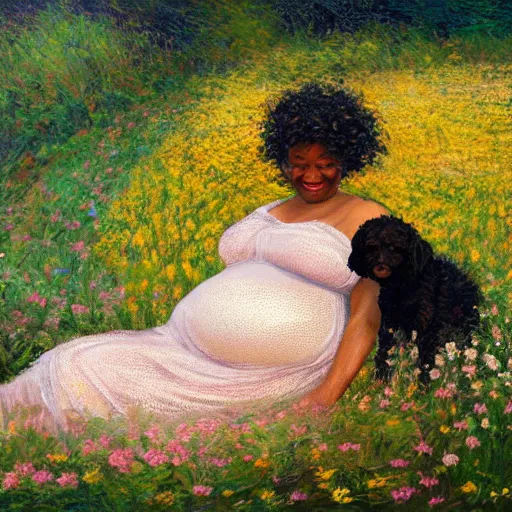 Image similar to pregnant black woman with curly hair in a vast field of flowers, laying down, a tiny black puppy running around, golden hour, vintage, impressionist painting, fine art, oil painting, dreamy, pastel, laughing, happy, intricate details, sharp, peaceful, serene