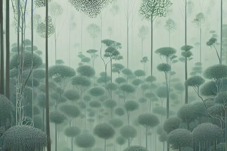 Prompt: lots of glass details, a lot of exotic vegetation, trees, flowers, dull colors, in the foggy huge forest covered with web and cotton, by victo ngai, hyperrealism, intricate detailed, risograph