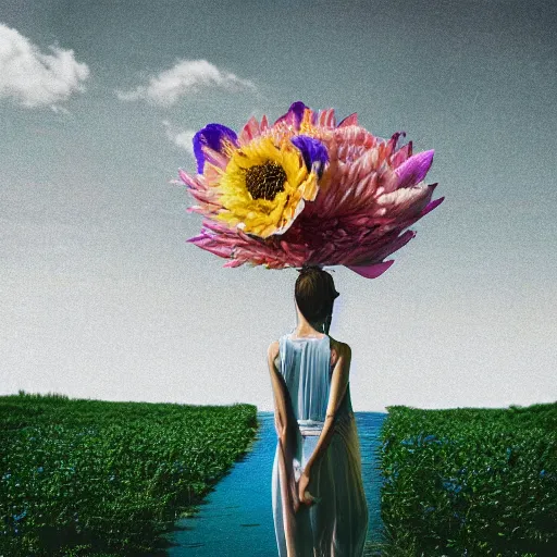 Image similar to giant flower head, woman walking, surreal photography, cinematic, blue sky, symmetry, detailed, bright, retro, wes anderson