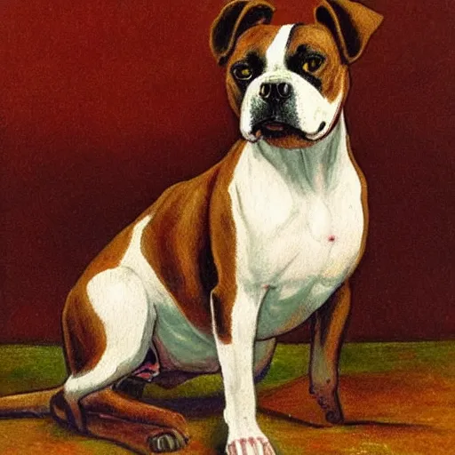 Prompt: staffordshire terrier boxer mix, painted by Louis Wain