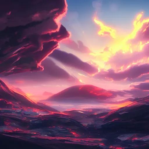 Image similar to a futuristic landscape with explosions. Sunset un the background ando beautiful clouds. 4k. Digital Art. Trending on Artstation