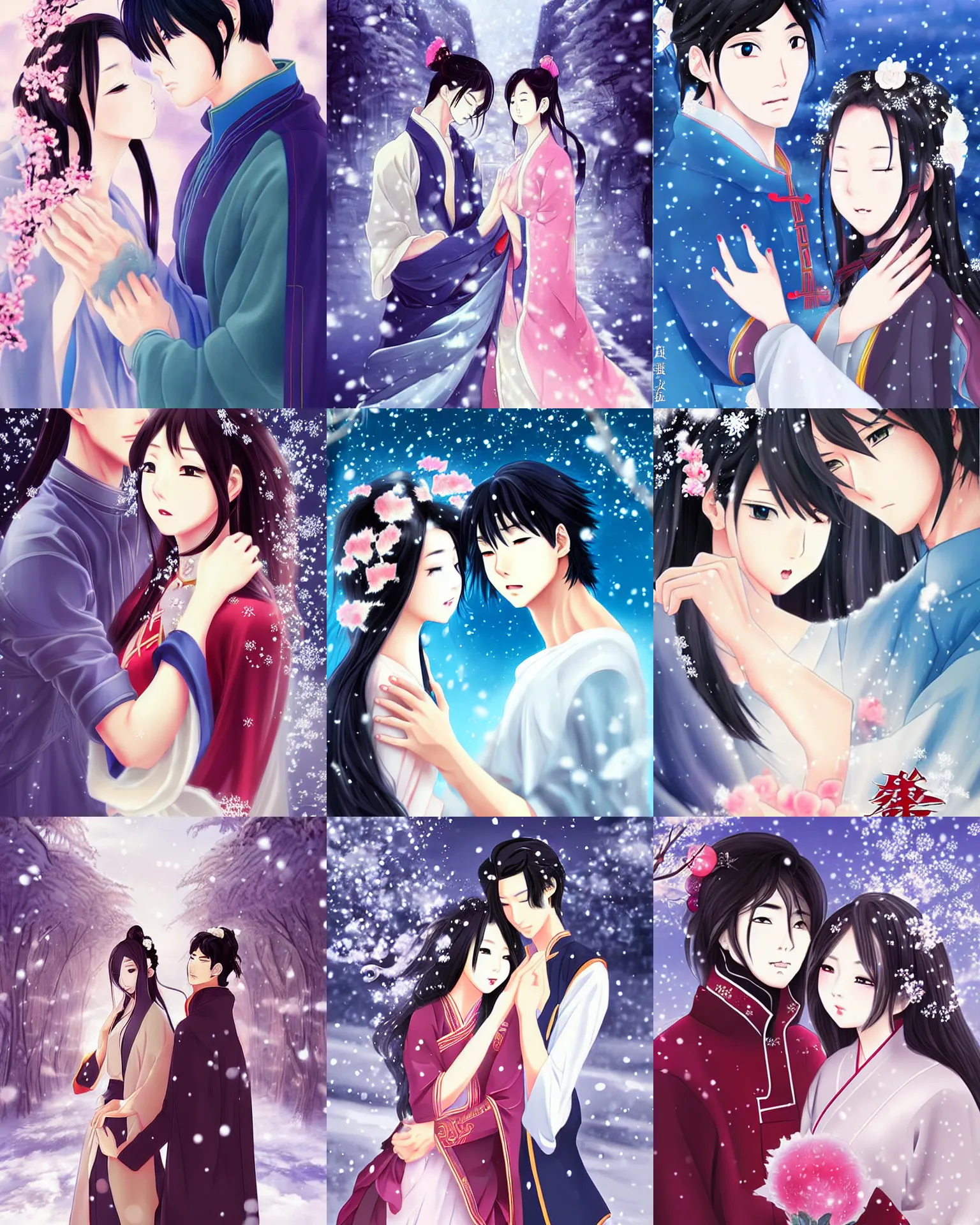Prompt: couple art love first snow chinese asian anime couples fantasy illustrations artwork by lilen the woman is so gorgeous, the man is so majestic. the art style reminds me of what i dream about, the beautiful girl in the game, the power of love, her graceful and serene pose,