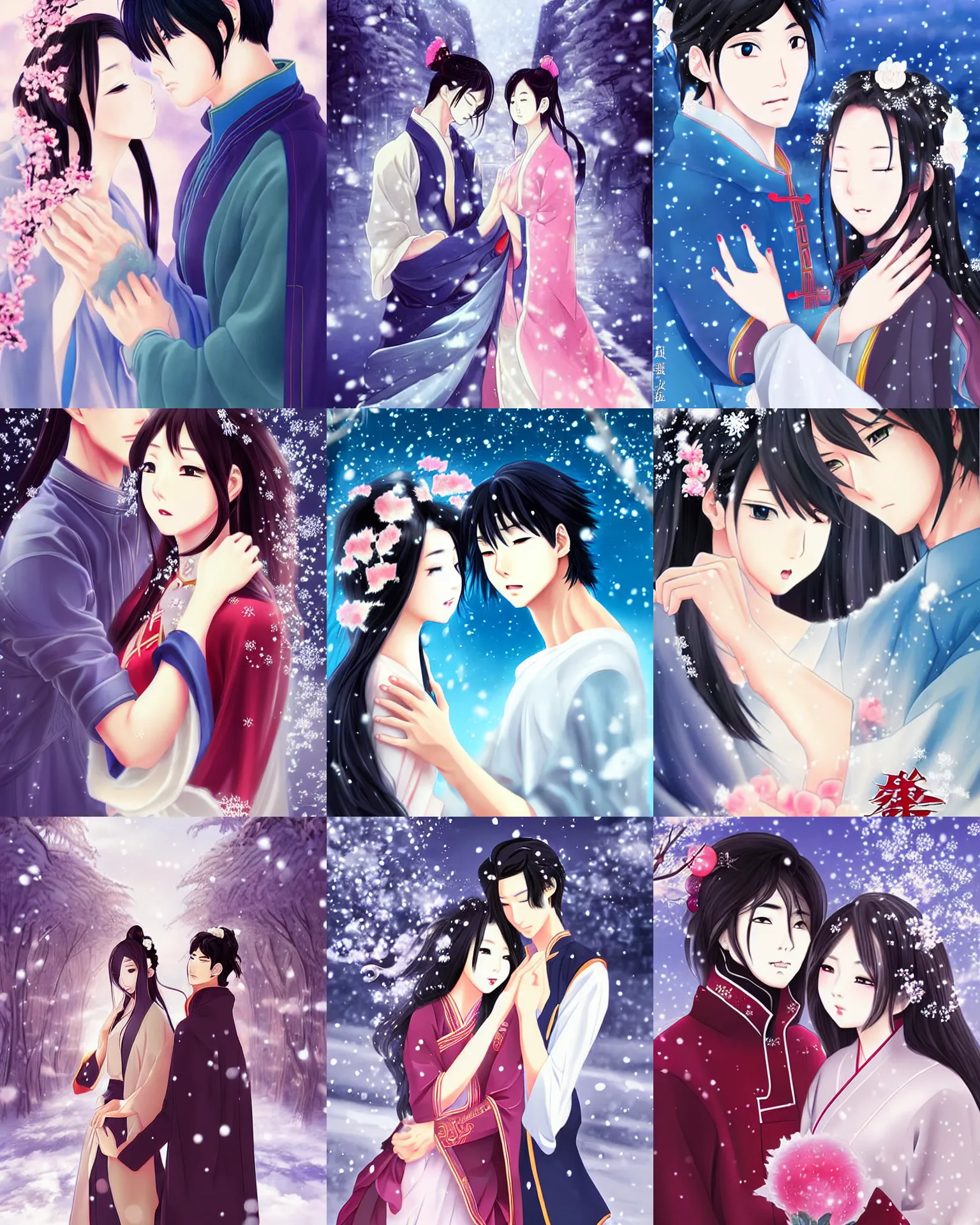 Cute couple in love. Romantic wallpaper. Anime style characters. AI Stock  Illustration