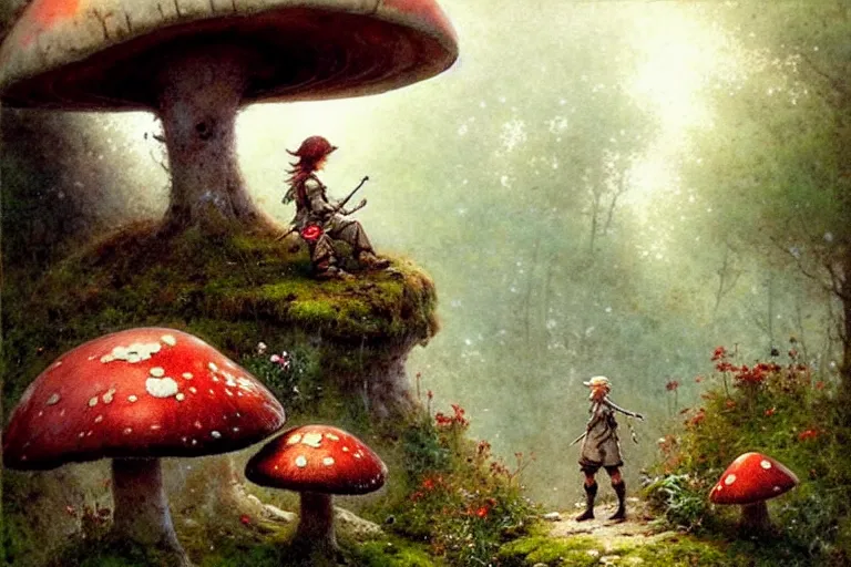 Prompt: nofigure! adventurer ( ( ( ( ( 1 9 5 0 s retro future forrest of giant mushrooms, moss and flowers stone bridge. muted colors. ) ) ) ) ) by jean baptiste monge!!!!!!!!!!!!!!!!!!!!!!!!! chrome red