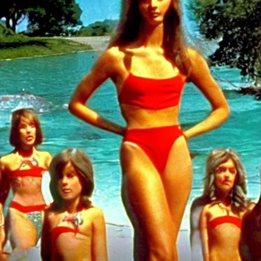 Image similar to still from 1978 live-action children's tv show about a bikini model who enters an eyeball cult color