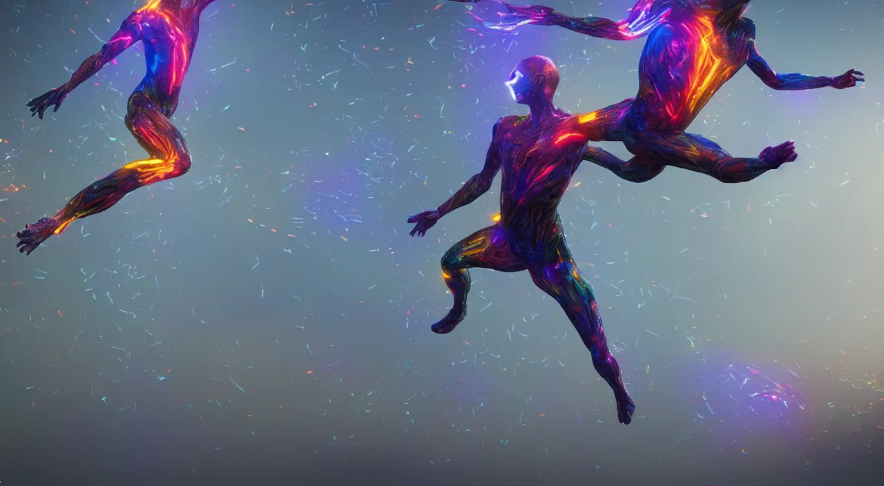 Prompt: Majestic multi-colored glowing mutant human levitates powerfully. Intricate details, photo realistic, award winning, dramatic lighting, award winning, depth of field, UHD 8K. Rendered with autodesk arnold unreal engine octane render Lumion Blender Maxwell.