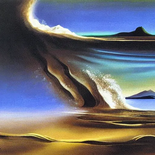 Prompt: Tsunami, oil painting, painted by Salvador Dali