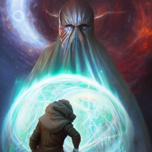 Image similar to the creator of worlds wearing a cloak and holding a holographic planet projection in his hand, detailed, sci - fi, digital painting, artstation, sharp focus, illustration, ominous, artgerm, tomasz alen kopera, peter mohrbacher, donato giancola, joseph christian leyendecker, wlop, frank frazetta