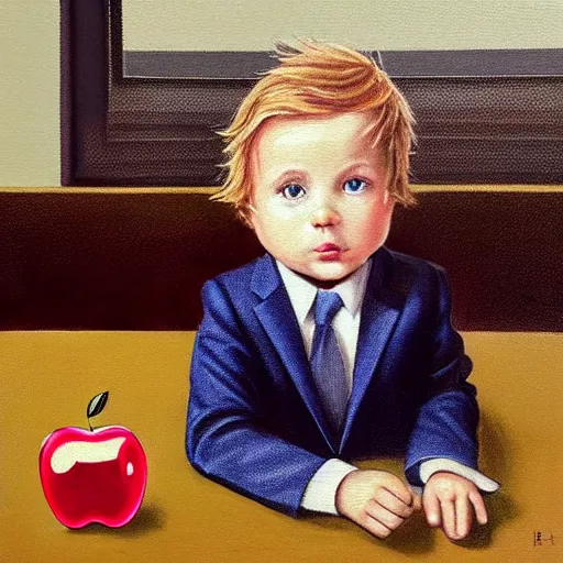 Prompt: A toddler in a suit and tie, tired, looking groggy, business attire, young child, cute face, little boy office worker, apple juice is on the table in a glass, the sun is peaking through a window, dawn lighting, orange tint, long shadows, oil on canvas, classical oil painting in the style of realism, high quality award winning artwork, expressive colors, dramatic lighting, professionally designed