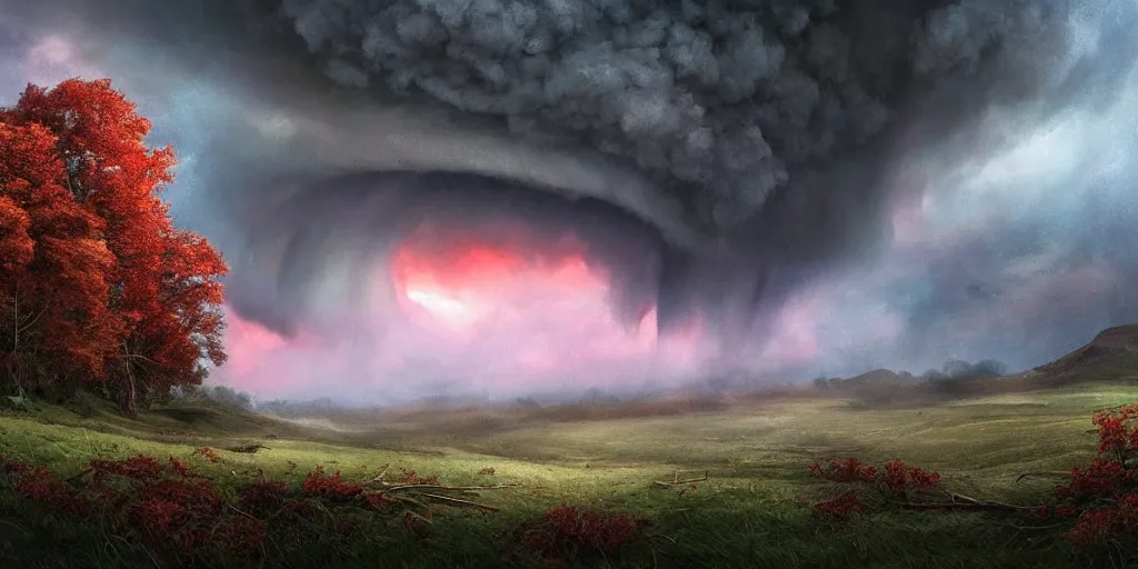 Image similar to A tornado in a beautiful scenic landscape, nature, trees, wide angle, super highly detailed, professional digital painting, artstation, concept art, smooth, sharp focus, no blur, no dof, extreme illustration, Unreal Engine 5, Photorealism, HD quality, 8k resolution, cinema 4d, 3D, beautiful, cinematic, art by artgerm and greg rutkowski and alphonse mucha and loish and WLOP