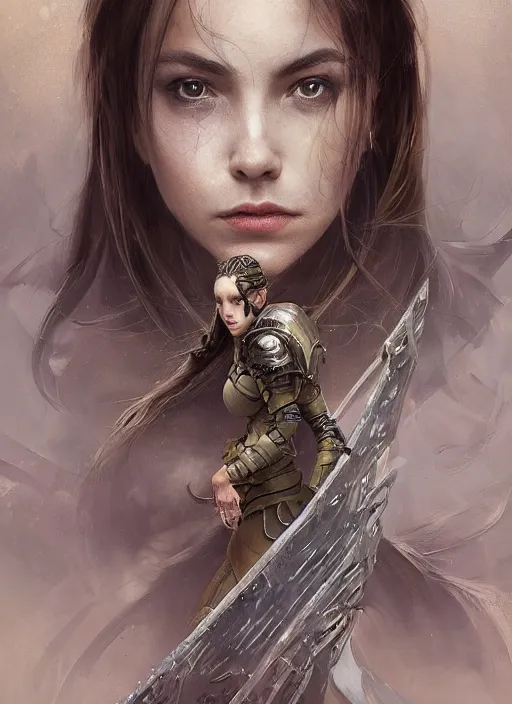 Image similar to a professional portrait of a beautiful young female, clothed in ethereal battle armor, olive skin, long dark hair, beautiful bone structure, symmetrical facial features, intricate, elegant, digital painting, concept art, smooth, sharp focus, finely detailed, illustration, from Valerian and the City of a Thousand Planets, in the style of Ruan Jia and Mandy Jurgens and Artgerm and Greg Rutkowski and William-Adolphe Bouguerea