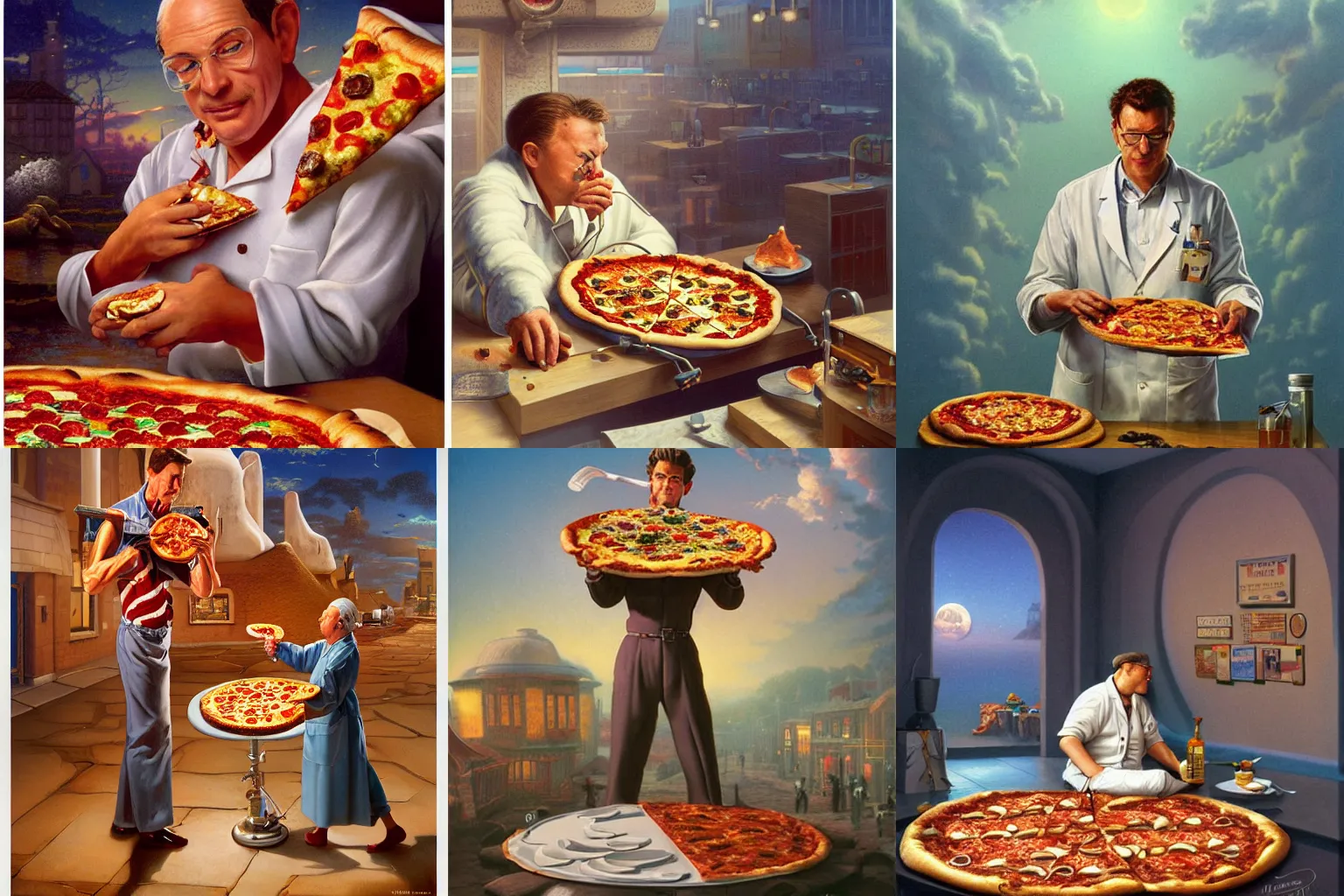 Prompt: poster artwork by Michael Whelan Rendering of a scientist operating on a pizza, full of details by thomas kinkade, Matte painting, trending on artstation