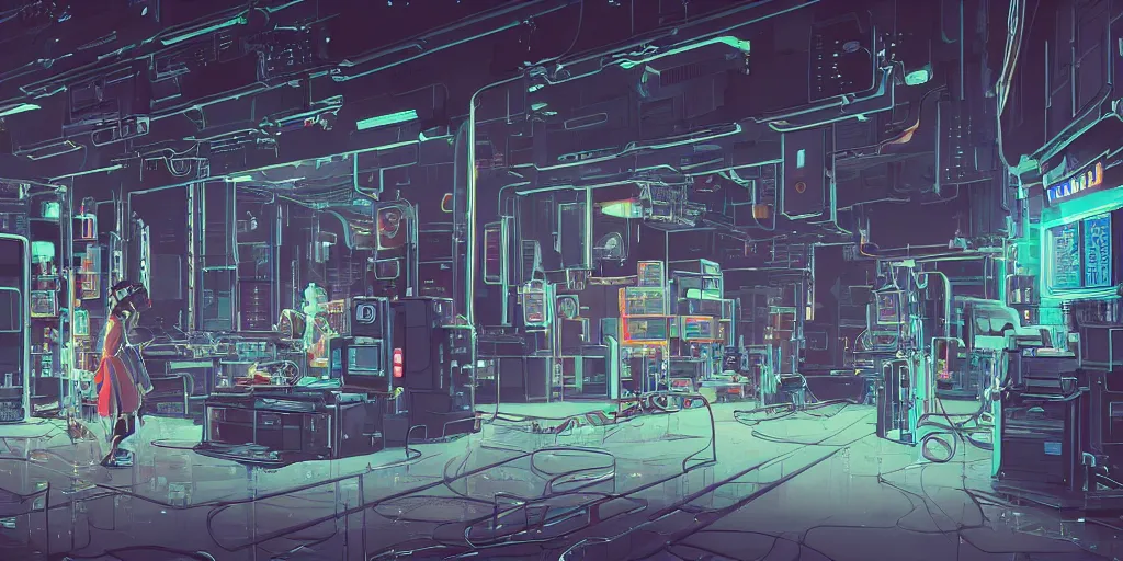 Image similar to detailed robot repair shop, broken robot on ground, insane perspective, broken parts, androids, science-fiction, cyberpunk, neon lights, mist, cables, computer screens, huge computers, girl working, windows, epic scene, 8k, illustration, art by ghibli moebius, comics art