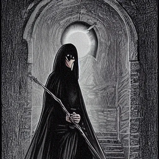 Image similar to a raven rogue wearing a vantablack cloak. in a high fantasy 1 9 7 8 castle. r / oldschoolfantasy