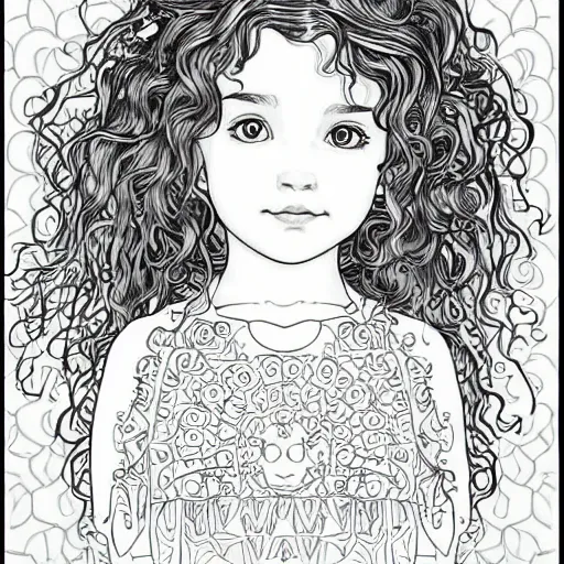 Prompt: clean simple line art of a little girl with wavy curly hair. no background. well composed, clean coloring book page, beautiful detailed face. coloring book line art by greg rutkowski and johanna basford and alphonse mucha