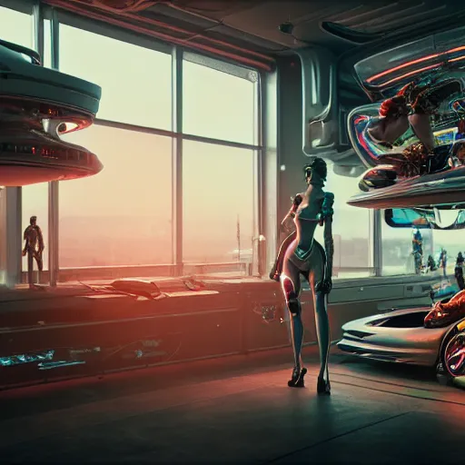 Prompt: a beautiful highly detailed futuristic mechanical lady in seductive confident pose, cyberpunk garage on jupiter, filled with people, art by geof darrow, 4 k, octane render