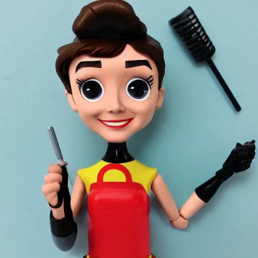 Prompt: audrey hepburn cos play car mechanic, stop motion vinyl action figure, plastic, toy, butcher billy style