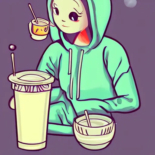 Image similar to cute moth wearing a hoodie and drinking boba tea, pastel colors, lighthearted, adorable, digital art