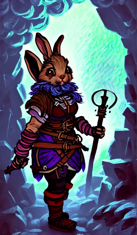 Prompt: a dwarf rabbit fursona anthro girl thief with leather - strap - armor is exploring the grimdarkest dungeon depths. trending on artstation and pixiv. a vibrant digital oil painting. a highly detailed fantasy character illustration by wayne reynolds and charles monet and gustave dore and carl critchlow and bram sels