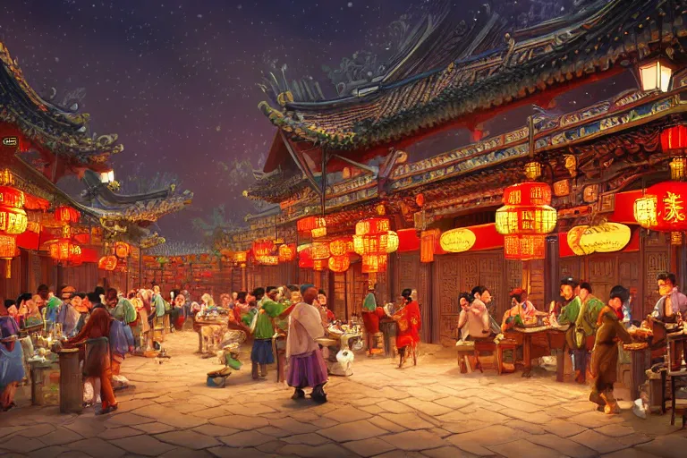 Prompt: fantasy art of a bustling tavern in china, at night, by pixar, highly detailed digital art, trending on artstation