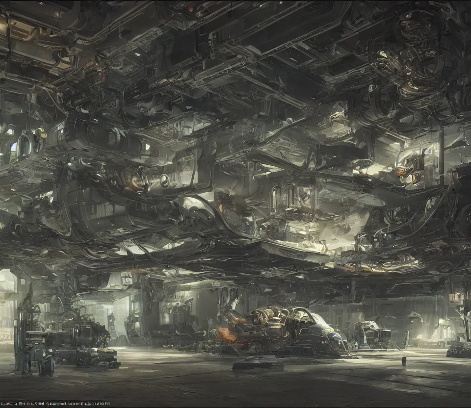 Image similar to the inside of a futuristic mechanic spaceshop, highly detailed interior, holographic screen in center frame by peter mohrbacher and craig mullins, dieselpunk, firefly, cryengine render, hyper realism, realistic shading, cinematic composition, realistic render, octane render, detailed textures, photorealistic, wide shot, fanciful, colorful