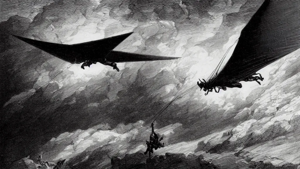 Image similar to drawing of an ornithopter flying toward a desert storm, by gustave dore, nineteenth century, black and white, vintage, science fiction, epic composition, dramatic lighting, highly detailed, cinematic