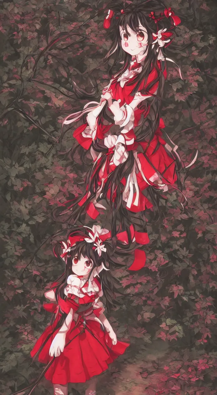 Prompt: Reimu Hakurei walking in the night forest, highly detailed illustration