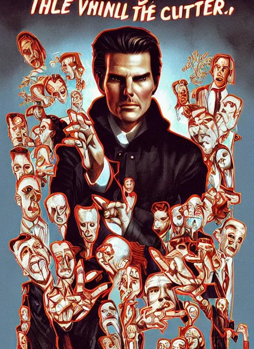 Image similar to evil beings are puppetmasters, pull the strings into the mind of tom cruise, they reach into his mind, twin peaks poster art, from scene from twin peaks, by michael whelan, artgerm, retro, nostalgic, old fashioned