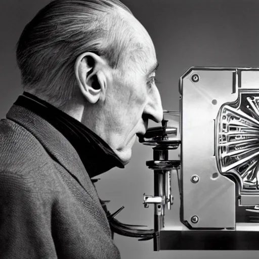 Image similar to close-up portrait of Marcel Duchamp working on a futuristic machine, long exposure, minimal composition, packshot, archival pigment print