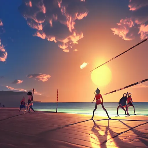 Image similar to Girls playing volleyball on beach, beautiful sunset, very detailed, pixiv scenery art, volumetric lighting, light refraction made by Makoto Shinkai