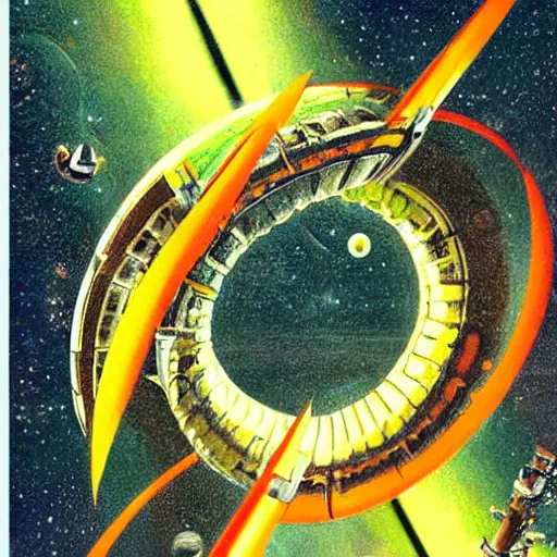 Prompt: a stanford torus space station, an agriculture space outpost, orbiting earth, by tatsushi morimoto and jinsei choh, detailed vintage scifi art, 1 9 8 0 s