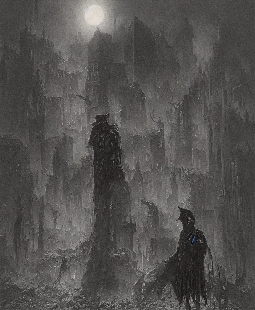 Image similar to plague doctor from iron gridle but human form, destroyed city and flames by zdzislaw beksinski