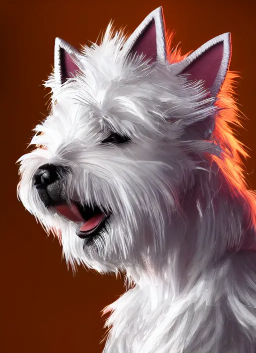 Image similar to a high detail shot of an Anthropomorphic west highland white terrier as a heavy metal guitarist, photorealism, volumetric lighting, epic lighting, artstation, hd