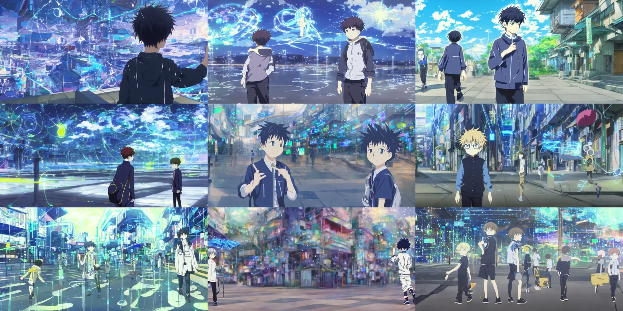 Prompt: painting of near future technological world, magical realism, screenshot from the Kyoto Animation anime about the boy who wears nervegear, augmented reality, real life blended with digital world