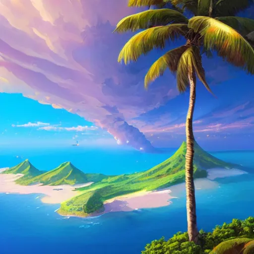 Image similar to a painting a breathtaking aerial view of Hawaiian islands, surrounded by palm trees, clouds, flowers, volcano, azure ocean, sunlight glistening, glow, , a detailed matte painting by sylvain sarrailh, Stephan Martinière, by RHADS, Makoto Shinkai, bokeh, Artstation contest winner, fantasy art, concept art, #vfxfriday