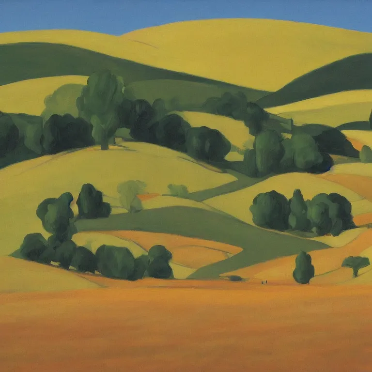 Image similar to dreaming rural landscape with architecture, painted by Alex Katz, painted by Edward Hopper, airbrush