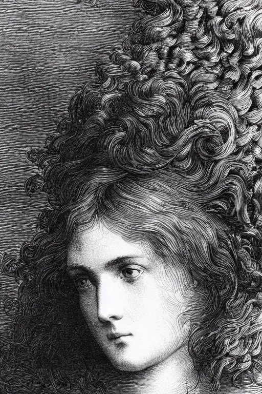 Image similar to extreme close-up, hair fully covers a woman\'s face, forest background, Gustave Dore lithography