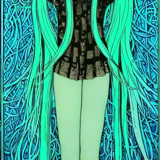 Prompt: hatsune miku, long teal hair, artwork by Harry Clarke, highly detailed