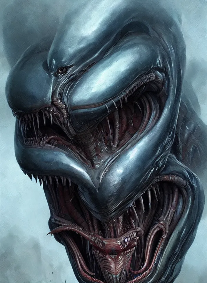 Prompt: a face portrait of a creature invoking fear, art by greg rutkowski, alien xenomorph, horror setting, dark lighting, matte painting, trending on artstation, very detailed