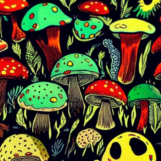 Prompt: mushrooms in the place of flying saucers, hallucinogenic, psychedelics, altered vision, groovy, modern,