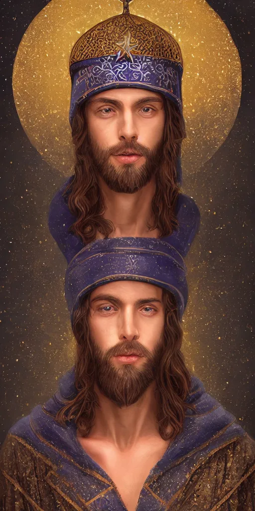 Prompt: adult wizard wearing a byzantine hat and a robe with star and moon pattern, handsome face, focus eyes, hyperrealistic, large star crystals, symmetry, ultra realistic soft painting, full body, fantasy, intricate, elegant, highly detailed, digital painting, artstation, concept art, matte, illustration, 8 k