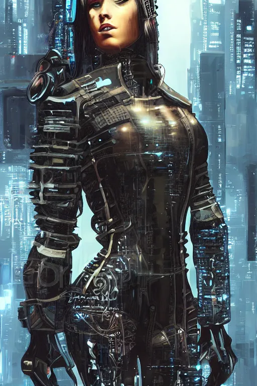 Prompt: beautiful digital oil cyberpunk style of a girl in leather cyber armor by Arthur Hughes